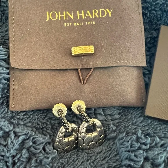 John Hardy Kali Silver Lava Door Knocker Hoop Drop Earrings with black sapphire